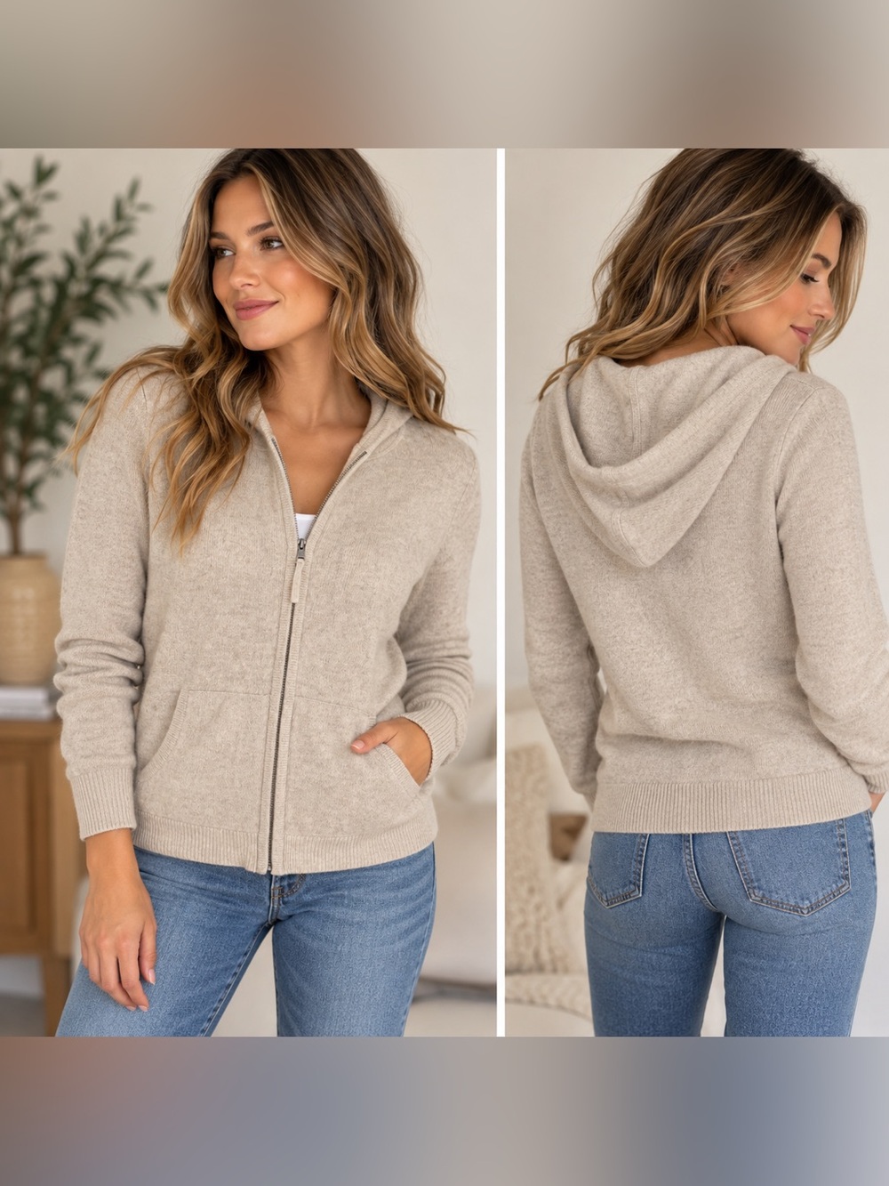 Lord & Taylor 100% Cashmere Hoodie Zip Front Beige Oatmeal Small